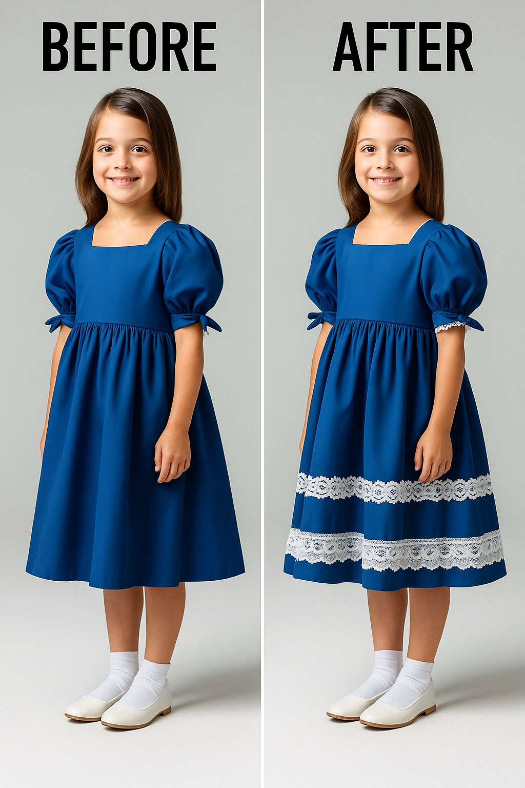 frock embellished with decorative white lace detailing.
